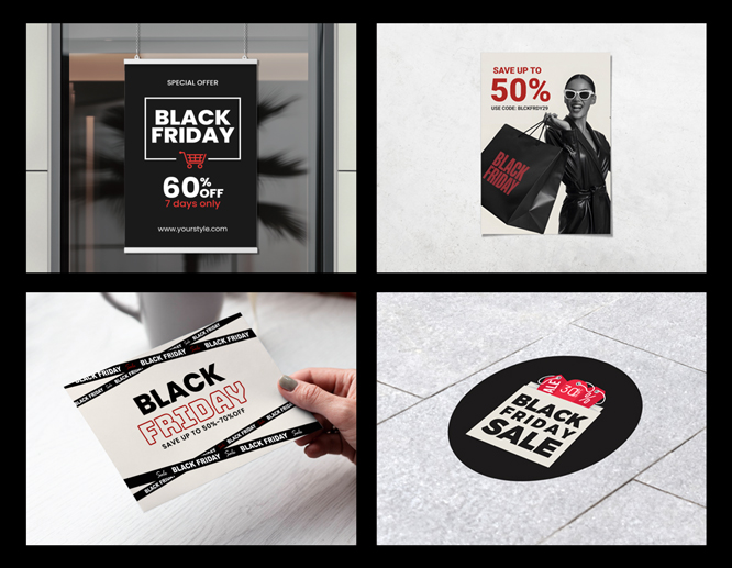 Black Friday marketing collage featuring posters, postcards, and floor decals offering up to 60% off.