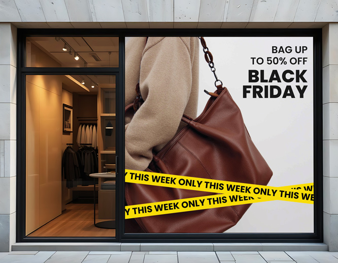 A Black Friday window decal pushing people to make purchases during the sale period.