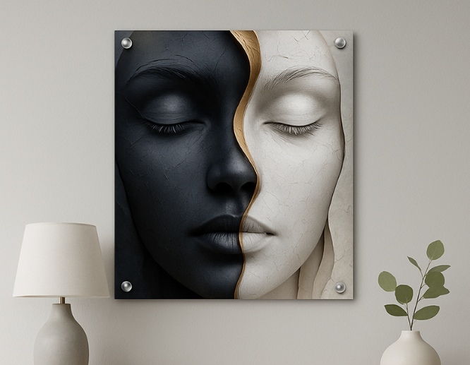 Black and white portrait of a woman printed on metal and installed with standoffs