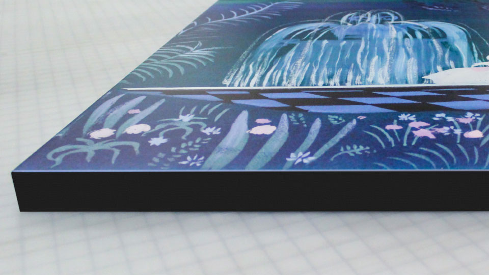 Black-edged wrapped canvas prints with a nature illustration in dark blue hues