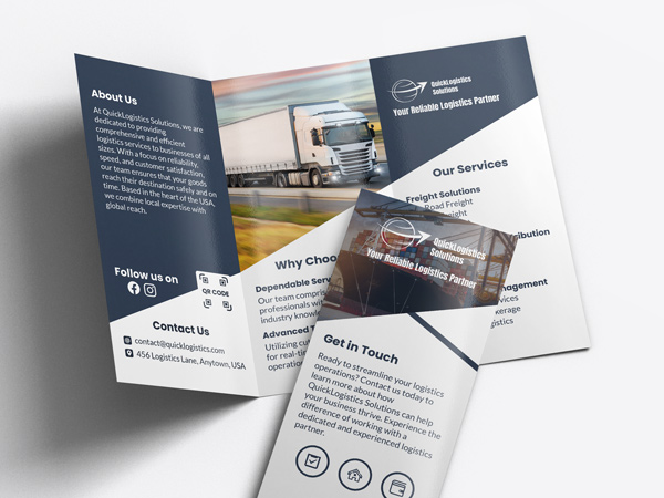 Brochure printing for a logistics company featuring services, about us, and contact information