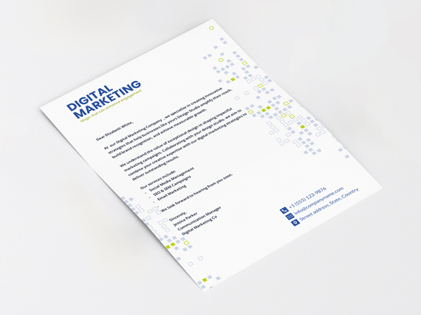 Letterhead for a digital marketing company featuring a modern design with contact details