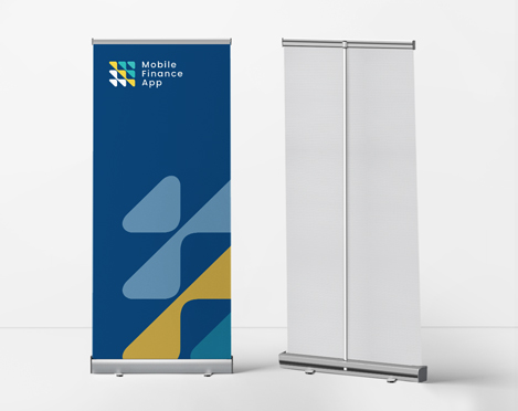 Blue pull-up banner with a logo featured from front and back