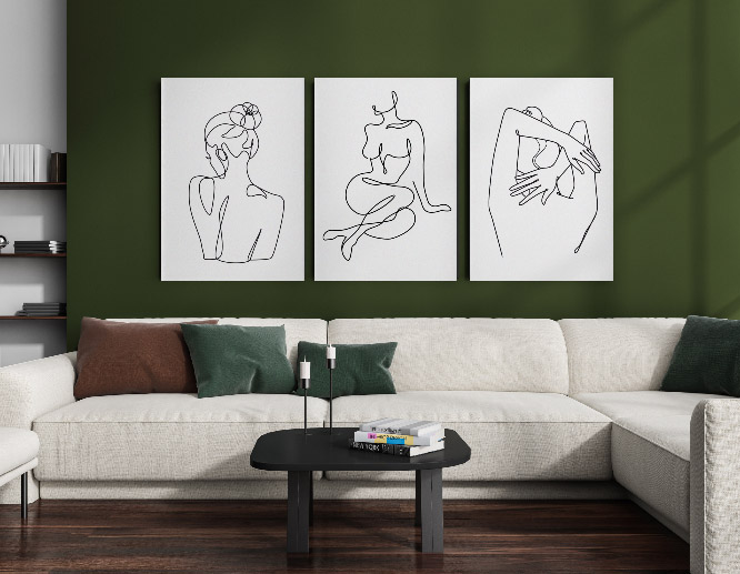 Plain customized wall art pieces displaying woman body line illustrations