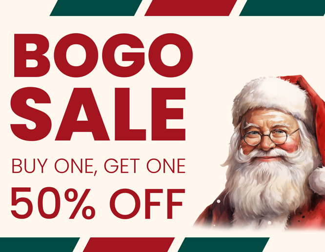 BOGO Sale Buy One, Get One 50% Off with smiling Santa Claus in glasses.