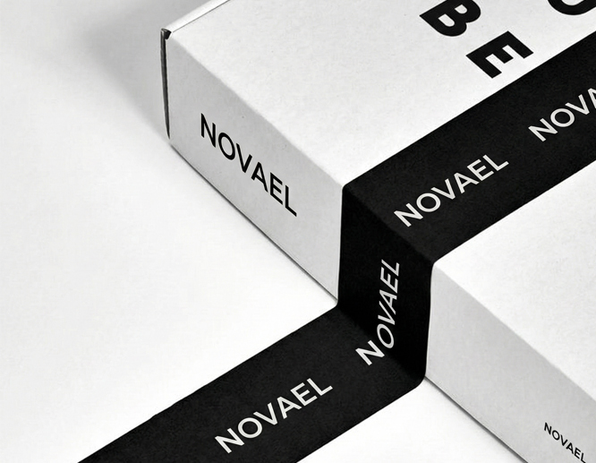 White and black Novael branded boxes with minimalist typography.
