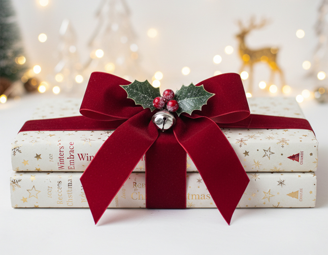 A pack of books wrapped with a red Christmas bow, with a mistletoe leaf