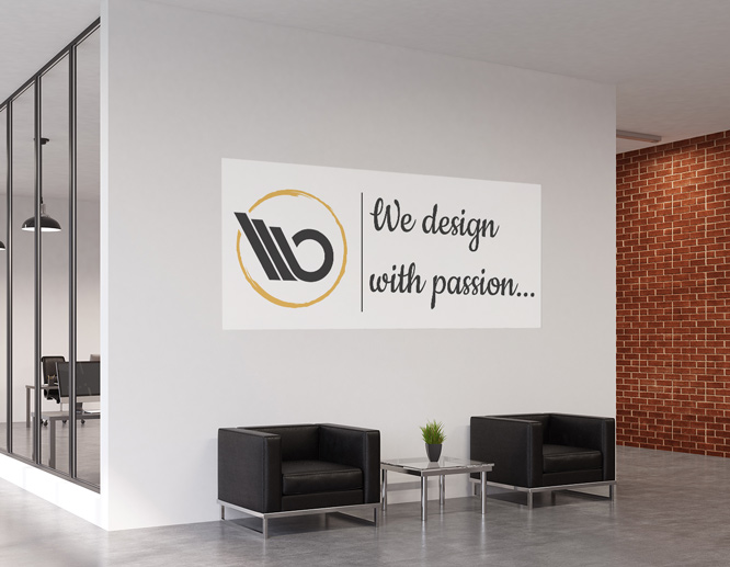 Branded peel and stick wall decal with the company logo and motto placed in the lobby