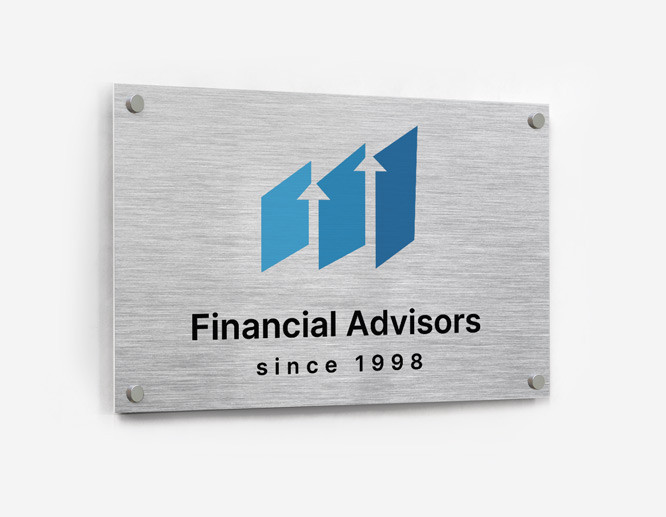 A brushed aluminum sign displays a blue logo and reads 'Financial Advisors,' 'Since 1998.'