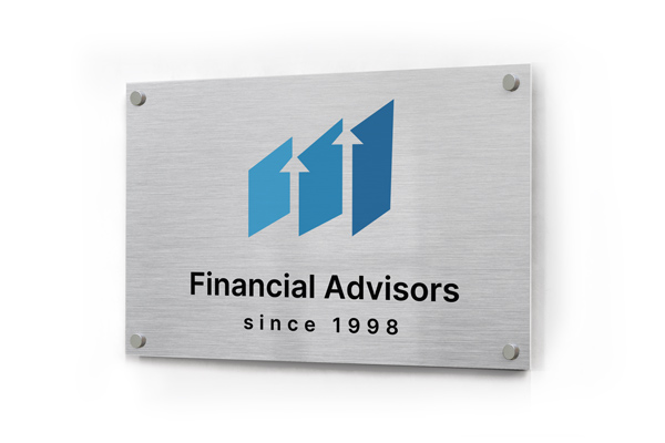 Brushed aluminum sign with Financial Advisors text and branded logo.