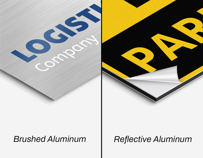 brushed and reflective aluminum signs showcasing graphics with direct UV prints and vinyl coating.