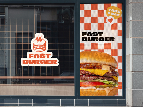 A burger joint window decal showcasing the restaurant's branding as a logo and along with the restaurant name.