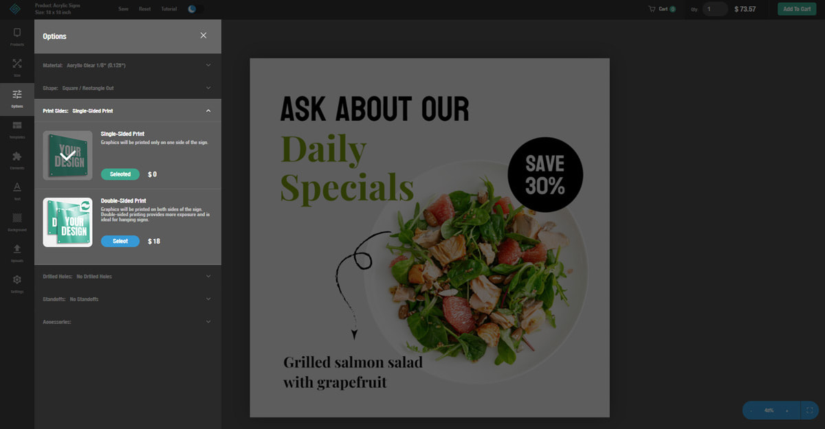 Screenshot of business sign design print side options