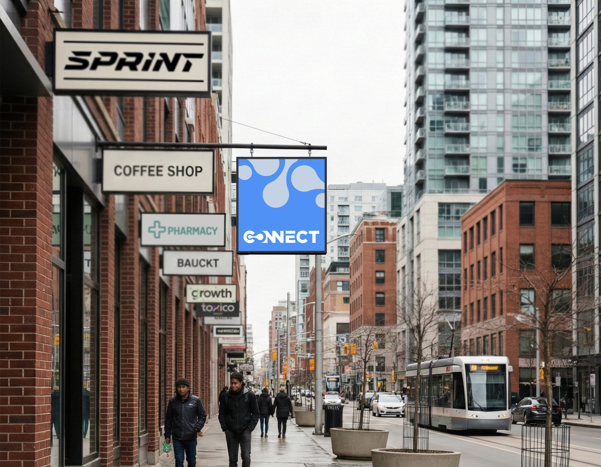 A range of outdoor signs attached to the buildings.