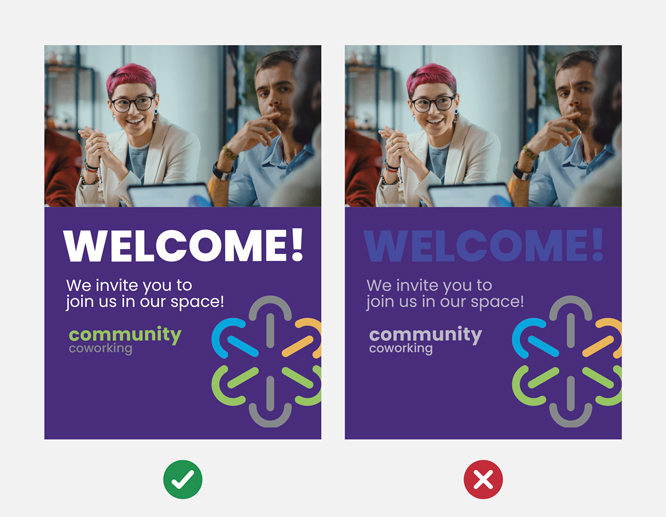 Two examples of a Welcome business sign featuring good and bad color contrasts