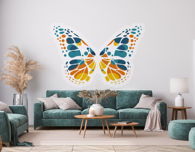 Large butterfly peel and stick wall decal for living room design placed over the sofa