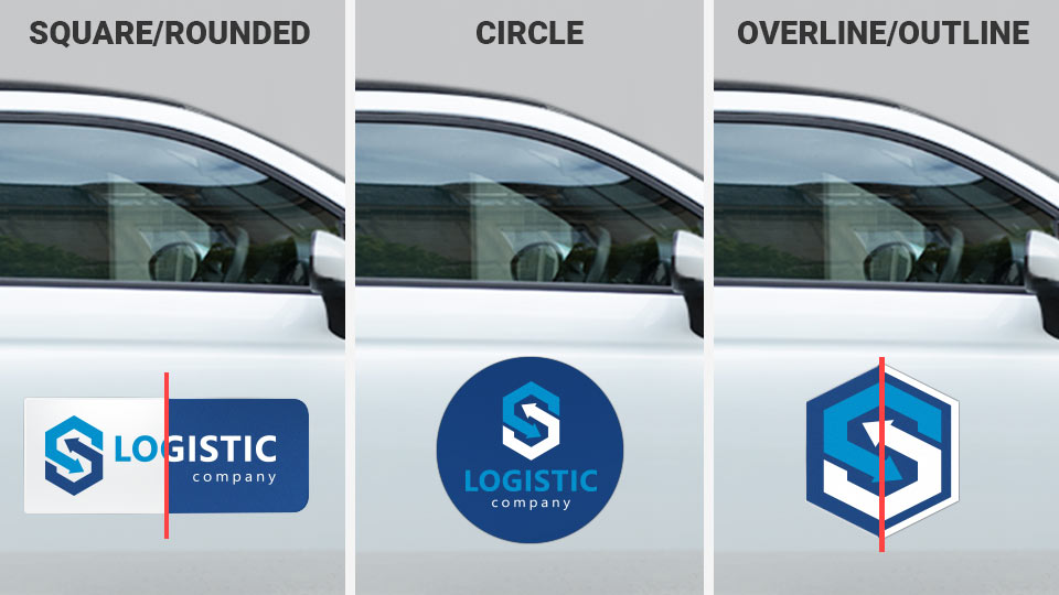 Car decals with a blue logo print in bespoke shapes