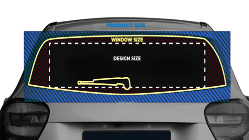 Size guide for fitting a custom car window decal on rear windshield.