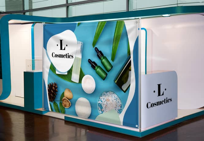 Promotional trade show graphics depicting care products and a brand name