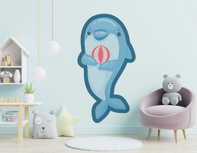Blue penguin home wall decal on the light blue wall of the nursery