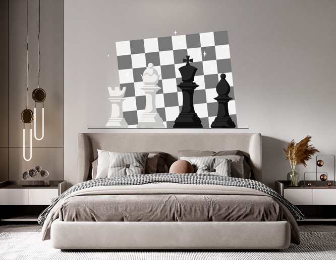 A chess board bedroom vinyl wall decal above the bed