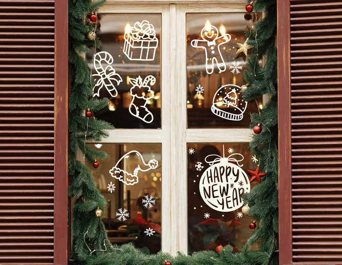 See-through Christmas window decals showcase a gift box, candy cane, gingerbread, Santa's hat, and other thematic images