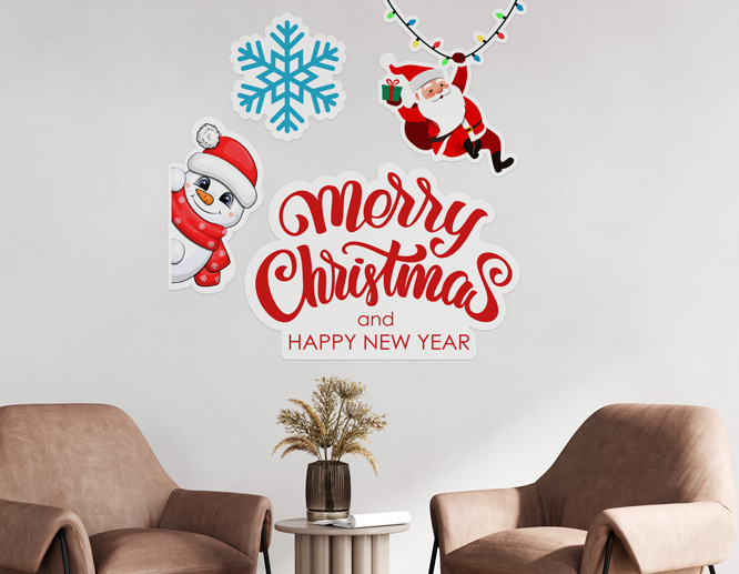 Merry Christmas wall sign depicting Santa Clause hanging from string lights.