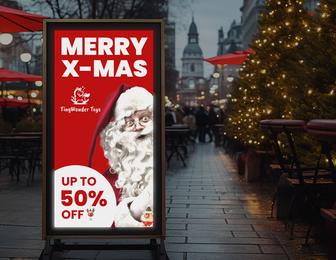 Christmas LED display with Santa staring at you and announcing Christmas sales up to 50%