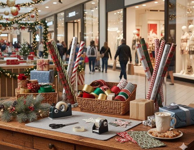A gift wrapping station inside a shopping center with colorful wrapping paper, ribbons, and other decorative items