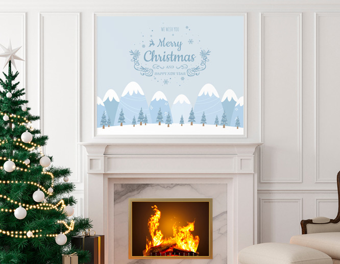 Christmas themed living room removable wall decal above the fireplace