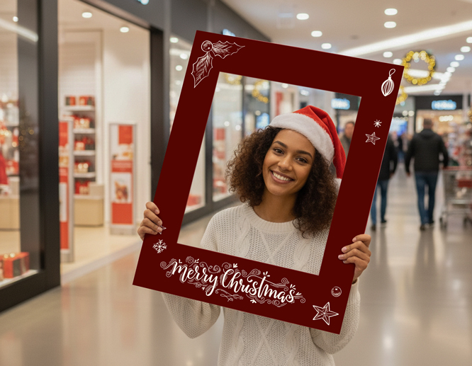 A woman holding a red selfie frame for Christmas that reads "Merry Christmas"