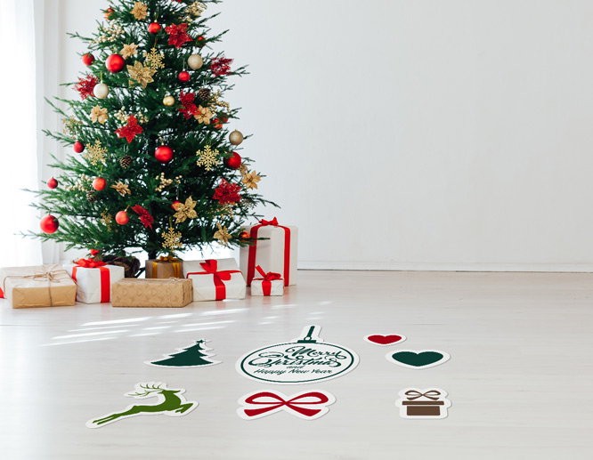 Christmas-theme floor decals with festive decorative elements.