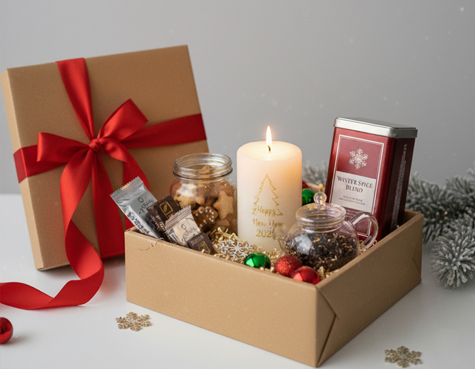 A Christmas gift basket with a tea set, scented candle, and sweets inside
