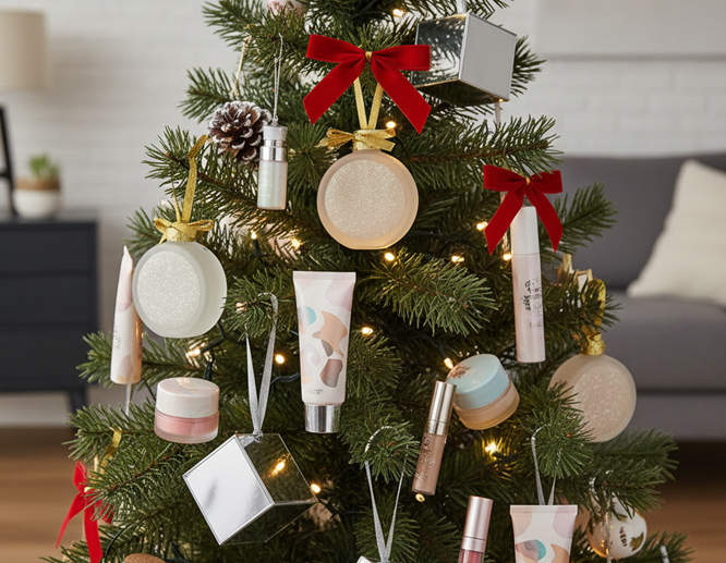 A Christmas tree decorated with beauty products, red bows, and festive string lights