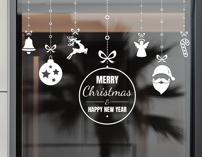 Merry Christmas and Happy New Year white window decals with ornaments, reindeer, and candy cane.
