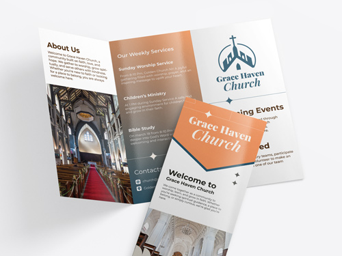 Church sign displaying About Us and Services with church-themed visuals