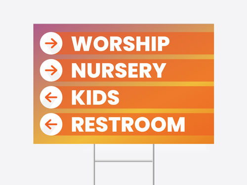 Church sign for navigation with white arrows pointing to different areas