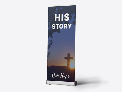 Church sign displaying His Story and Our Hope texts and a silhouette of cross at sunset