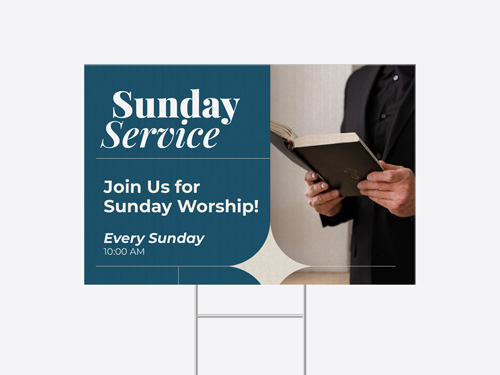 Blue church sign displaying Sunday Service announcement with worship dates