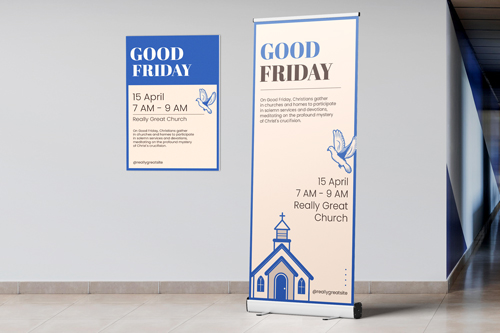 Two church signs advertising Good Friday services with blue borders