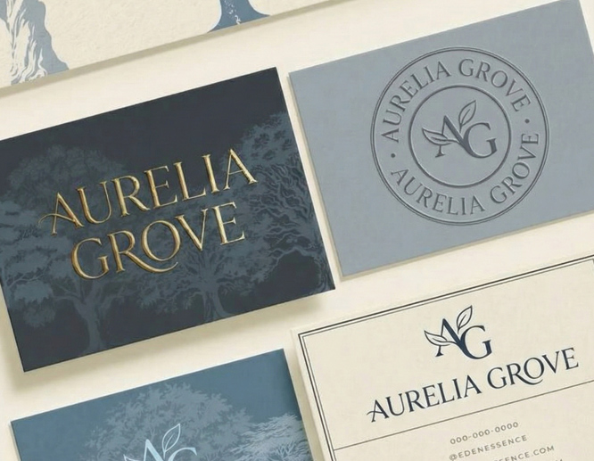 Aurelia Grove branded business cards and stationery with leaf logo design