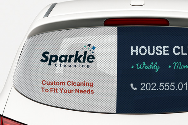 A perforated car window decal on the rear windshield of a hatchback showcasing a cleaning company's branding and services.