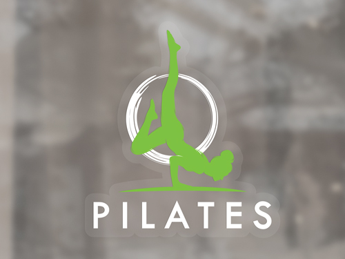 Branding clear window decal for Pilates classes with the green logo