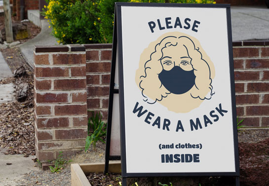 Please Wear A Mask And Clothes Inside funny funny salon sandwich board design idea