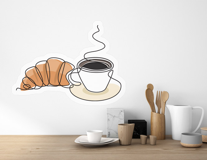 Coffee mug peel and stick wall decal set up in the break room for decoration