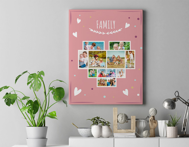 Pink-hued cute Mother's Day sign with family photos in a heart-shape collage