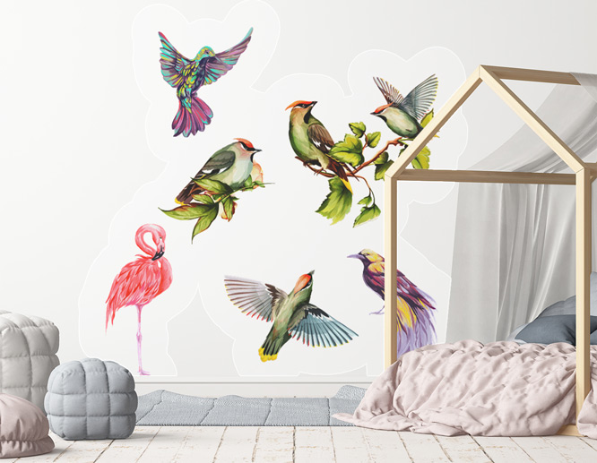 Colorful nursery vinyl wall decals depicting flying birds