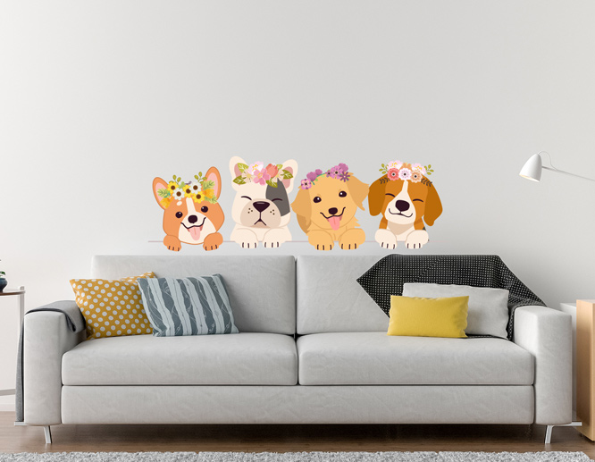 Colorful living room wall decal with cute puppies above a sofa