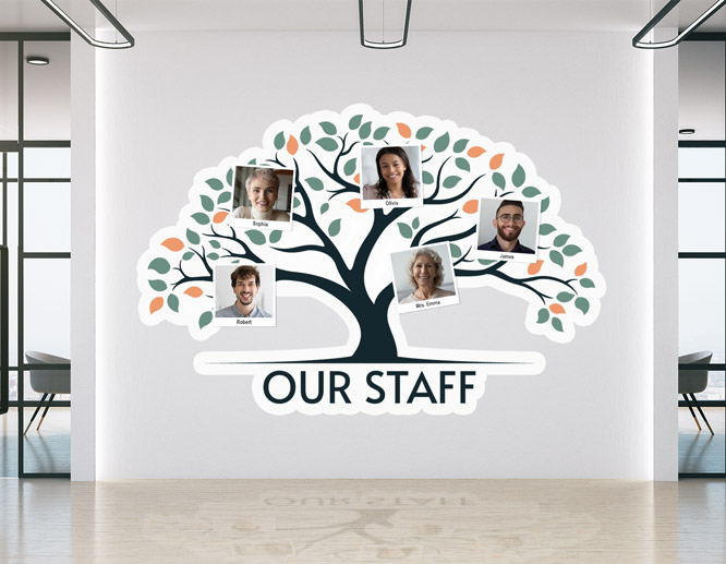 Family tree graphics in black designed for a company staff applied to the office wall