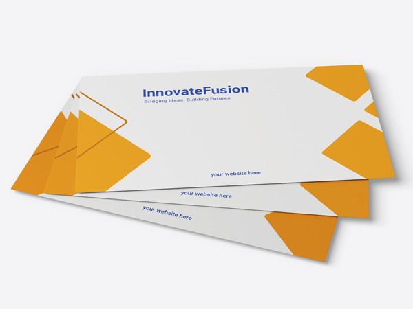 Sleek orange and white custom envelope printing featuring the brand name and slogan